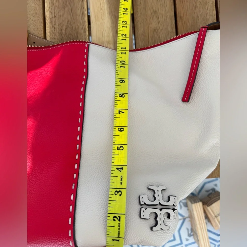 Tory Burch McGraw Colorblock Zip Bucket Bag Brilliant Red New Cream Leather Hobo